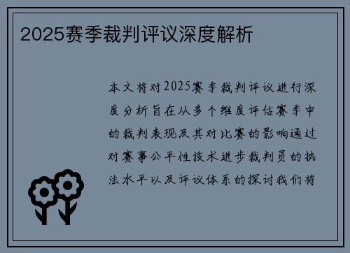 2025赛季裁判评议深度解析