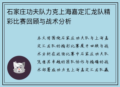 石家庄功夫队力克上海嘉定汇龙队精彩比赛回顾与战术分析