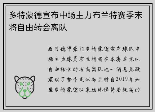 多特蒙德宣布中场主力布兰特赛季末将自由转会离队 多特蒙德宣布中场主力布兰特赛季末将自由转会离队