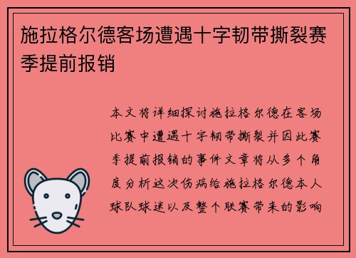 施拉格尔德客场遭遇十字韧带撕裂赛季提前报销 施拉格尔德客场遭遇十字韧带撕裂赛季提前报销