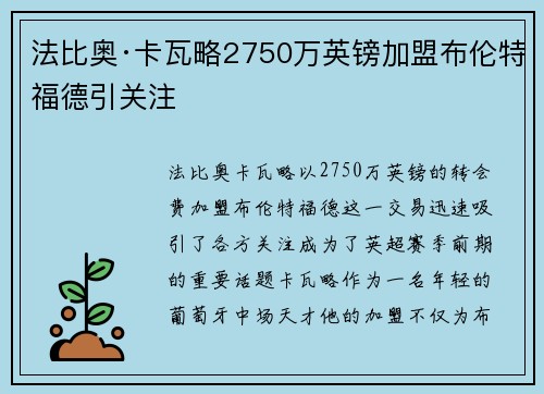 法比奥·卡瓦略2750万英镑加盟布伦特福德引关注